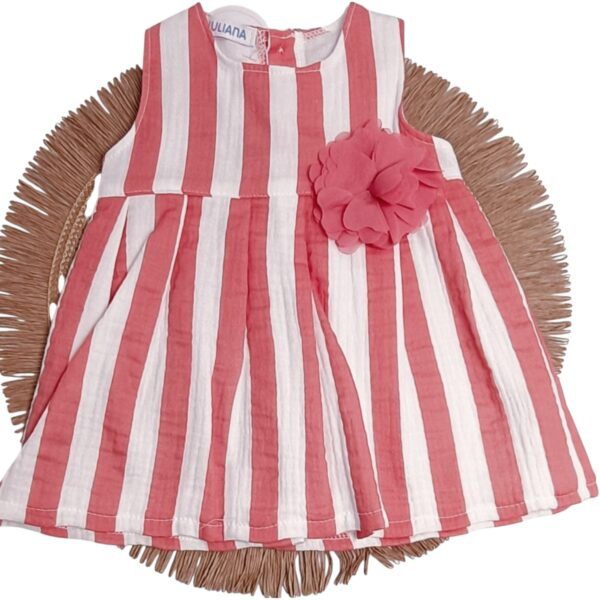 Vestido bebé verano con cuerpo de punto rayado y flor. Juliana