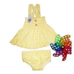 Conjunto de Vestido y Braguita de Bebé a Cuadros Vichy Amarillo y Blanco