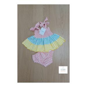 Conjunto para bebé niña vestido y braguita vichy tricolor