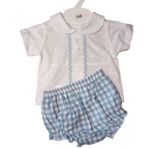Conjunto de bebé niño cubrepañal de cuadros Vichy Azul Cielo